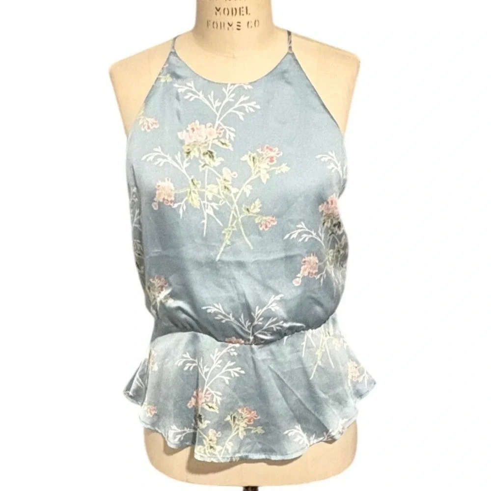 Lush Blue Floral Satin Peplum Halter Top Sleeveless High Neck Medium Cottagecore - Picture 1 of 9